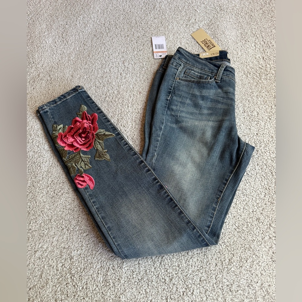 Vintage America Blue Jeans with Pink Floral Embroidery